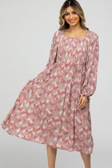 Mauve Vintage Print Square Neck Smocked Maternity Midi Dress