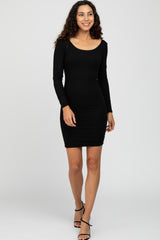 Black Ribbed Fitted Long Sleeve Dress