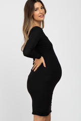 Black Ribbed Fitted Long Sleeve Maternity Dress