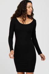 Black Ribbed Fitted Long Sleeve Maternity Dress