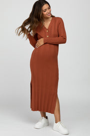 Rust Ribbed Knit Side Slit Maternity Maxi Dress