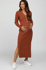 Rust Ribbed Knit Side Slit Maternity Maxi Dress