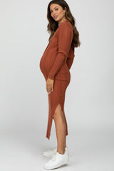 Rust Ribbed Knit Side Slit Maternity Maxi Dress