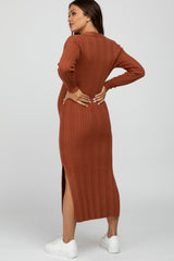 Rust Ribbed Knit Side Slit Maternity Maxi Dress