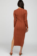 Rust Ribbed Knit Side Slit Maternity Maxi Dress