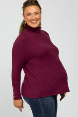 Burgundy Turtleneck Button Accent Maternity Plus Top