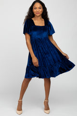 Blue Velvet Square Neck Smocked Ruffle Hem Dress