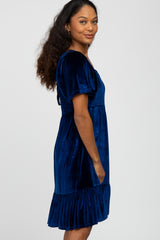 Blue Velvet Square Neck Smocked Ruffle Hem Dress