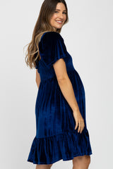 Blue Velvet Square Neck Smocked Ruffle Hem Maternity Dress