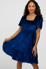 Blue Velvet Square Neck Smocked Ruffle Hem Dress