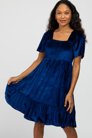 Blue Velvet Square Neck Smocked Ruffle Hem Dress