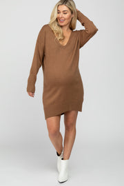 Camel Knit Long Sleeve Maternity Sweater Dress