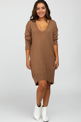 Camel Knit Long Sleeve Sweater Dress