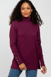 Burgundy Turtleneck Button Accent Top