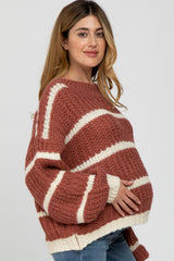 Mauve Cream  Striped Chunky Knit Maternity Sweater