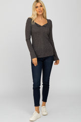 Charcoal Knit Split Neck Top