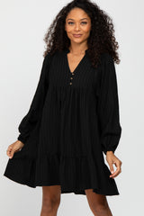 Black Linen Button Front Ruffle Hem Maternity Dress