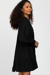 Black Linen Button Front Ruffle Hem Dress