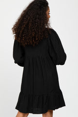 Black Linen Button Front Ruffle Hem Dress