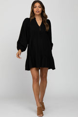 Black Linen Button Front Ruffle Hem Maternity Dress