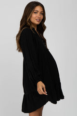 Black Linen Button Front Ruffle Hem Maternity Dress