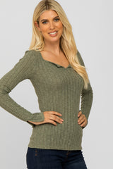 Olive Knit Split Neck Top