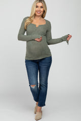 Olive Knit Split Neck Maternity Top