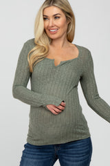 Olive Knit Split Neck Maternity Top