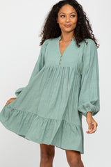 Mint Green Linen Button Front Ruffle Hem Dress