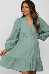 Mint Green Linen Button Front Ruffle Hem Maternity Dress