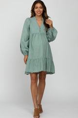 Mint Green Linen Button Front Ruffle Hem Maternity Dress