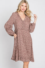 Mauve Leaf Print Ruffle Button Front Dress