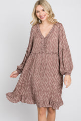 Mauve Leaf Print Ruffle Button Front Dress