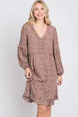 Mauve Leaf Print Ruffle Button Front Dress