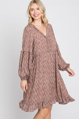 Mauve Leaf Print Ruffle Button Front Dress