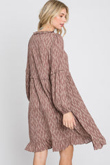 Mauve Leaf Print Ruffle Button Front Dress