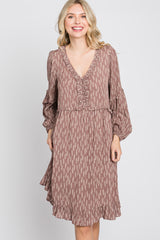 Mauve Leaf Print Ruffle Button Front Dress