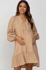 Beige Linen Button Front Ruffle Hem Maternity Dress