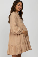 Beige Linen Button Front Ruffle Hem Maternity Dress