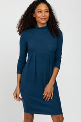 Dark Teal Brushed Mock Neck Fitted Dress