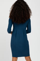 Dark Teal Brushed Mock Neck Fitted Dress