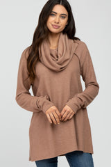 Camel Brushed Knit Cowl Neck Long Sleeve Maternity Top