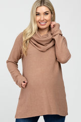 Camel Brushed Knit Cowl Neck Long Sleeve Maternity Top