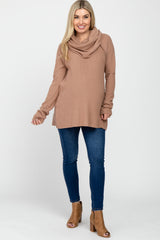 Camel Brushed Knit Cowl Neck Long Sleeve Maternity Top