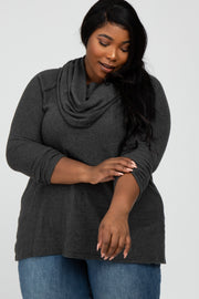 Charcoal Brushed Knit Cowl Neck Long Sleeve Plus Top