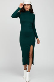 Forest Green Ribbed Mock Neck Side Slit Maxi Dress