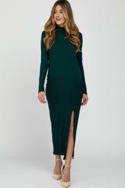 Forest Green Ribbed Mock Neck Side Slit Maternity Maxi Dress