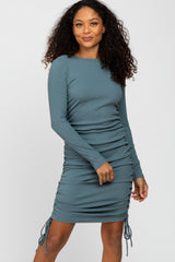 Blue Ribbed Ruched Side Tie Maternity Fitted Dress