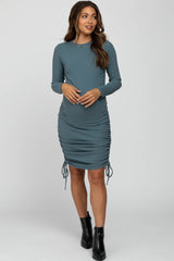 Blue Ribbed Ruched Side Tie Maternity Fitted Dress