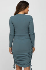 Blue Ribbed Ruched Side Tie Maternity Fitted Dress